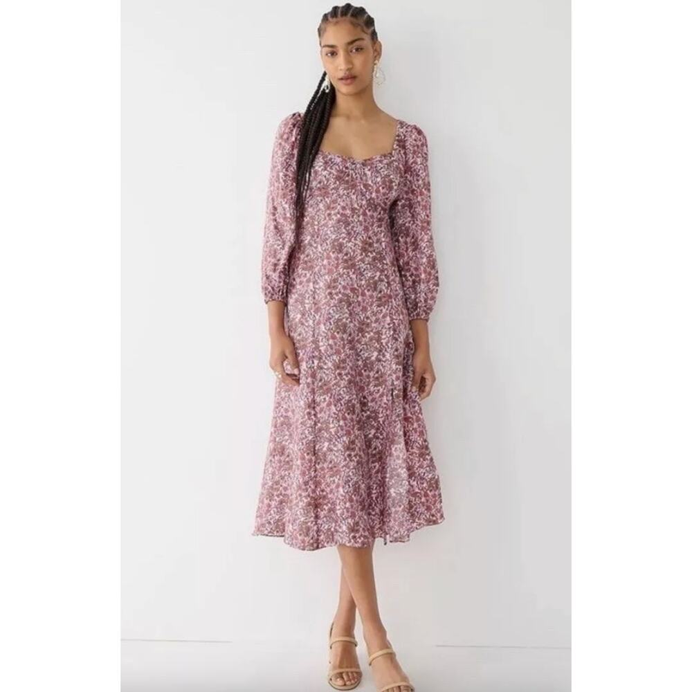 J. Crew Sweetheart Long‎ Sleeve Midi Dress Pink Floral Puff Cocktail Romantic 2